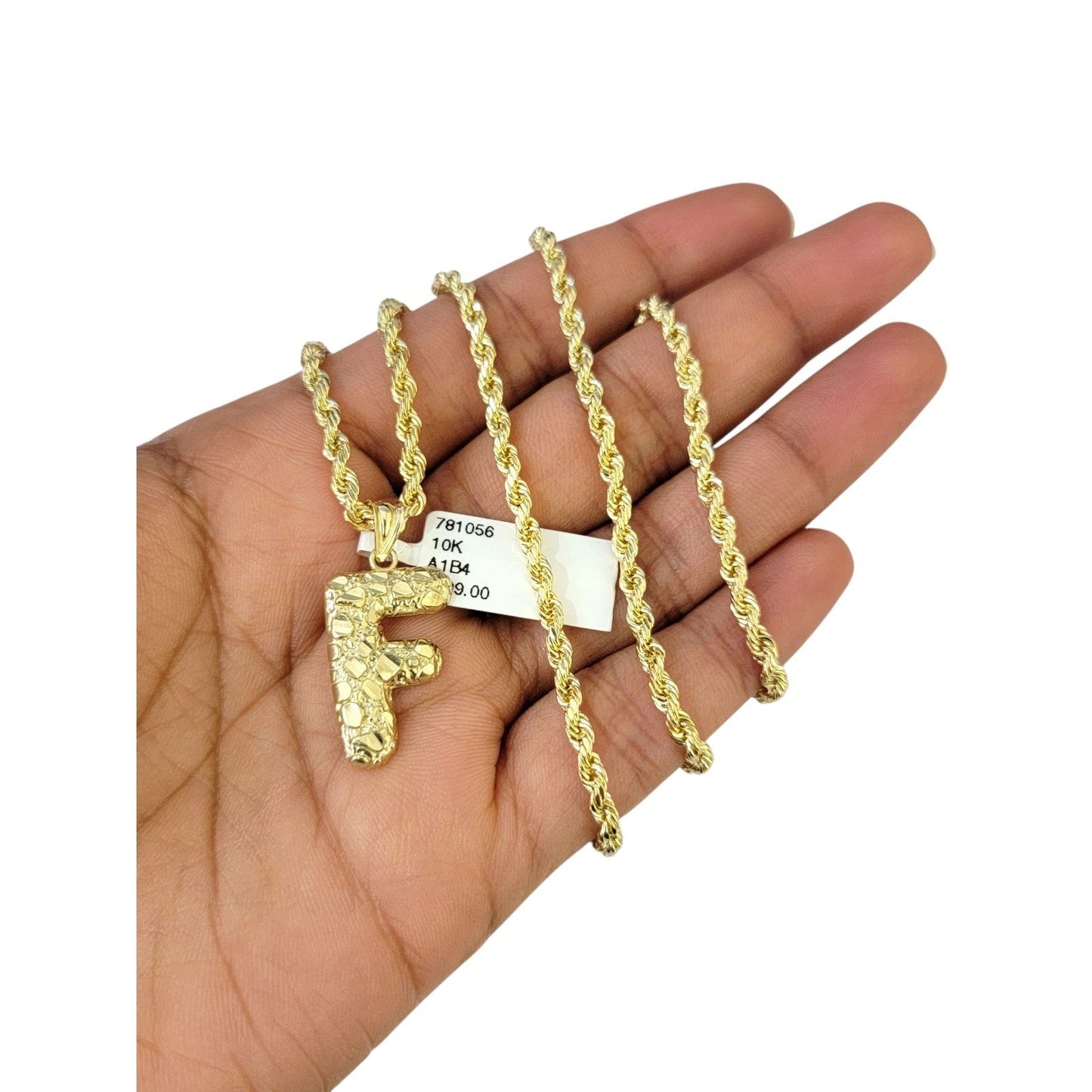 Real 10k Rope Chain Necklace Nugget F Initial Charm Set 3mm 18"-28" Pendant Gold