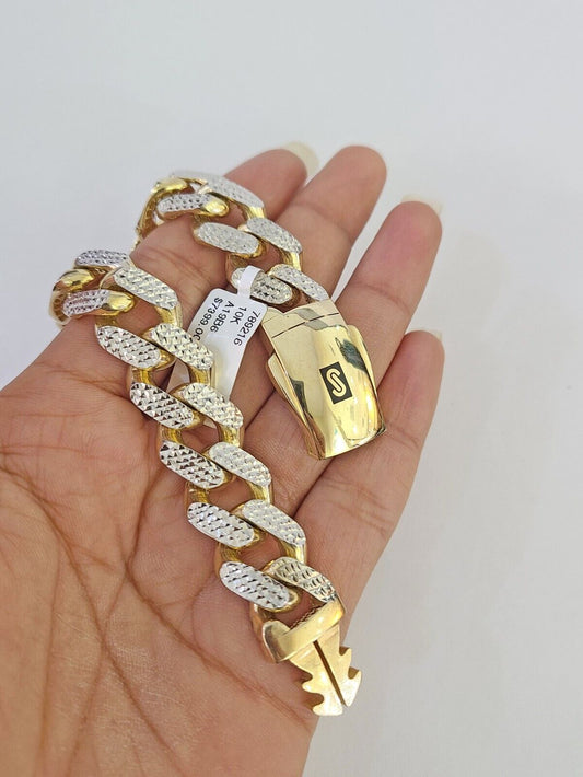 Real 10k Gold Monaco Bracelet 14mm 8" Two-tone Diamond Cut 10kt Royal Cuban link