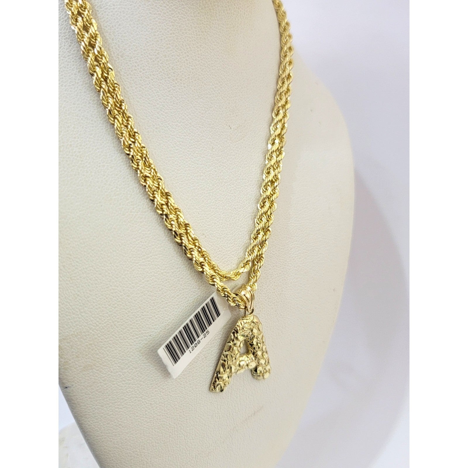 Real 10k Rope Chain Necklace Nugget A Initial Charm Pendant Set 3mm 18"-28" Gold