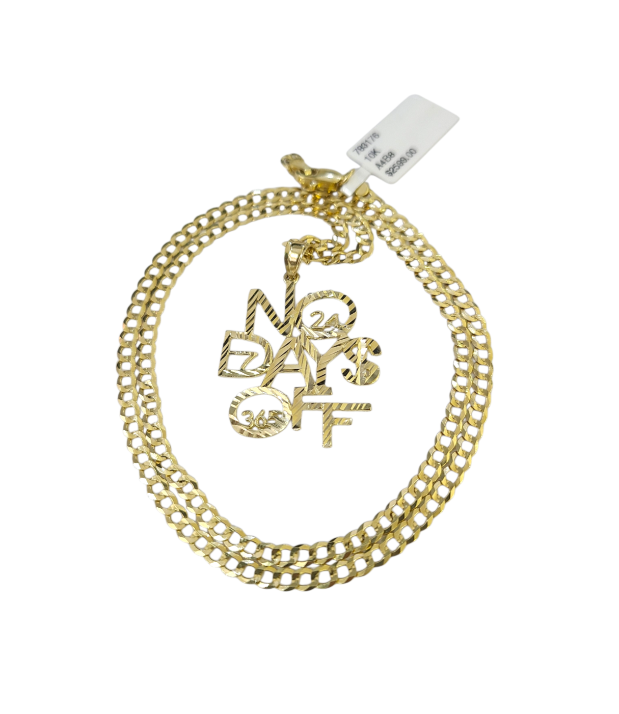10k Gold Cuban Curb 3mm Chain Necklace No Days Off Charm Pendant 18"-28" Set