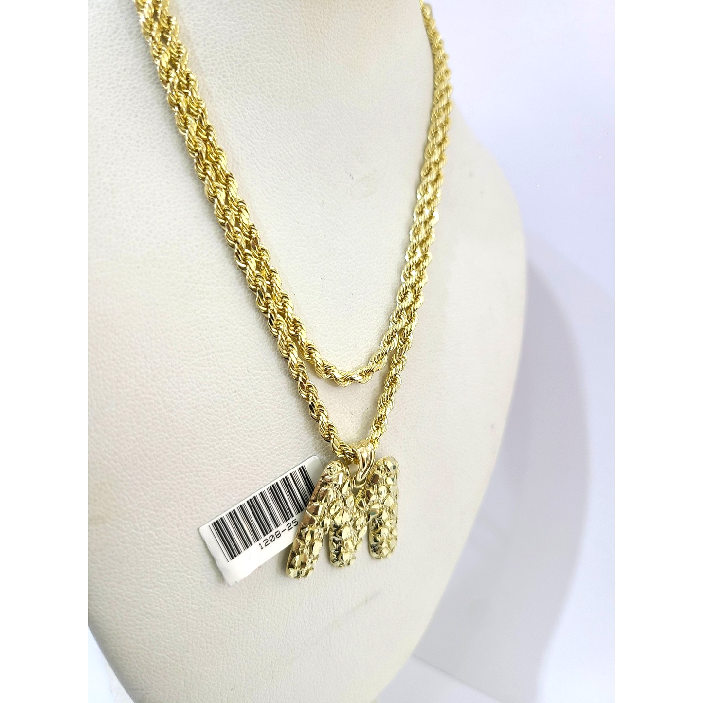 Real 10k Rope Chain M Initial Charm Necklace 3mm 18"-28" Nugget Set Pendant Gold