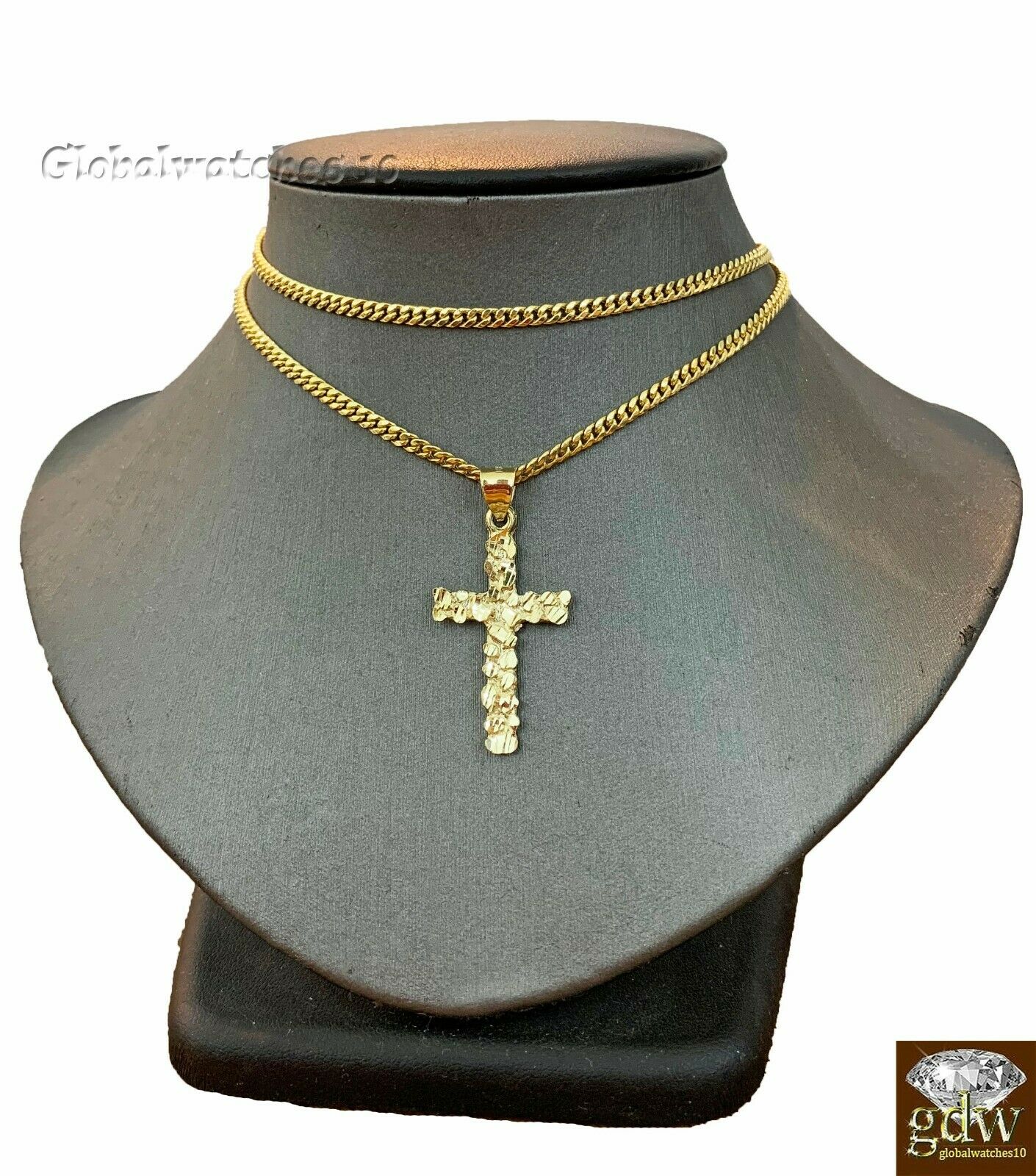 10k Gold Jesus Cross Charm, Pendant with Miami Cuban Chain in 22 24 26 28 Inch