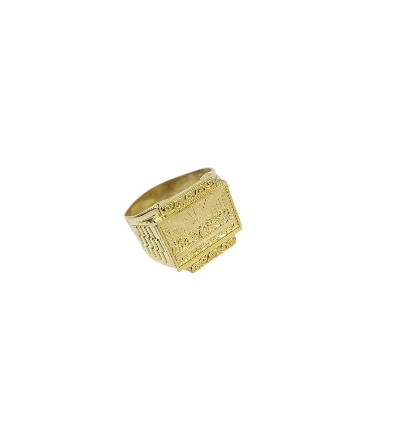 10K Yellow Gold Mens Last Supper Ring Signet Religious Band Bold Statement