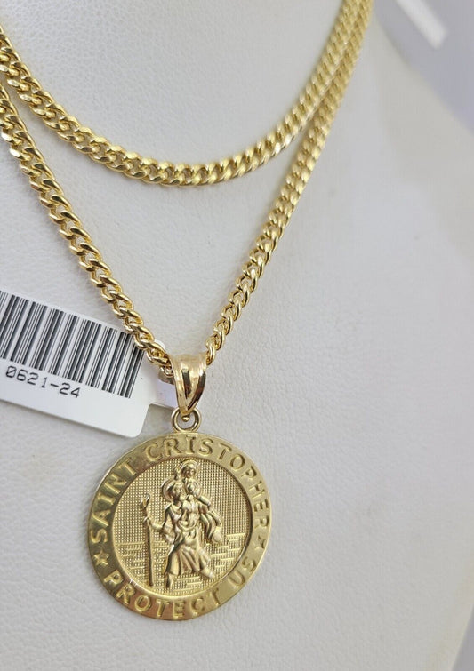 10k Gold Miami Cuban Necklace Saint Christopher Pendant Charm 3mm 18"-28" Chain