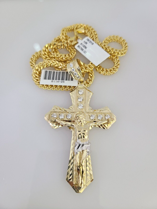10k Yellow Gold Franco Chain Jesus Cross Charm Pendant 4mm 18-28 Inches Necklace