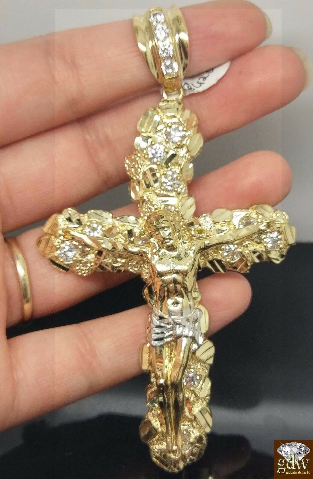 Real 10k Yellow Gold Free Shape Nugget Cross With 26 Inches Miami Cuban Chain