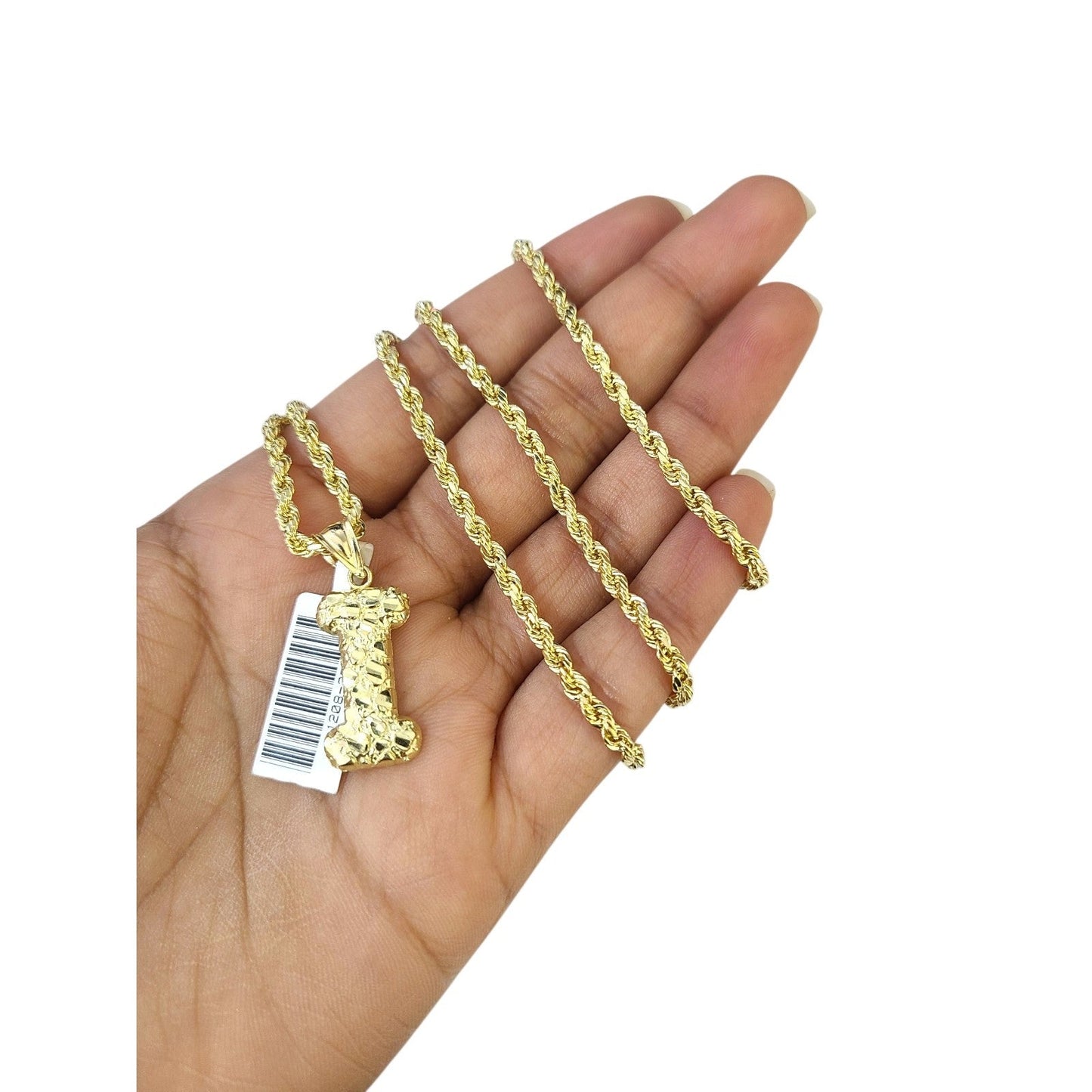 Real 10k Rope Chain Necklace Nugget I Initial Charm Set 3mm 18"-28" Pendant Gold