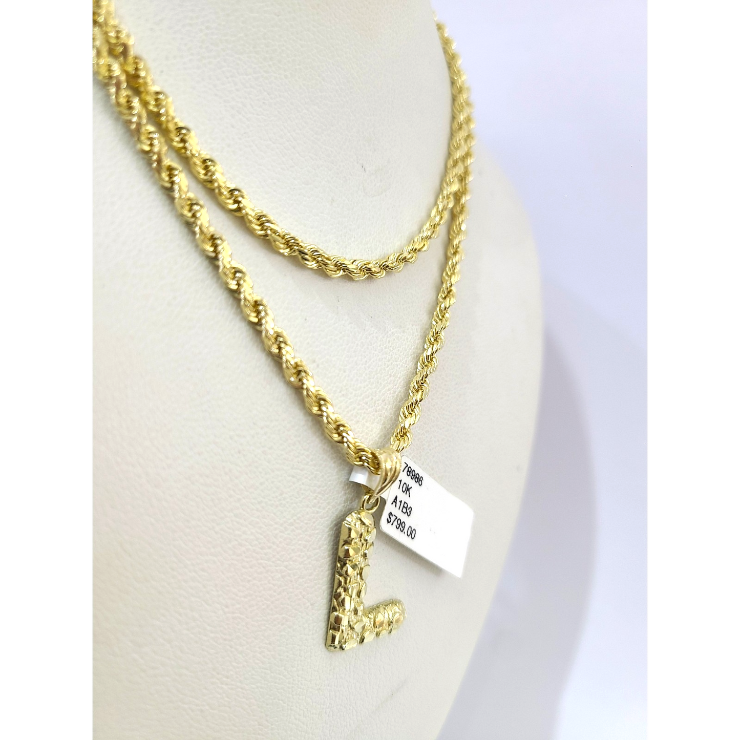 Real 10k Rope Chain Necklace 3mm 18"-28" Nugget L Initial Charm Set Pendant Gold