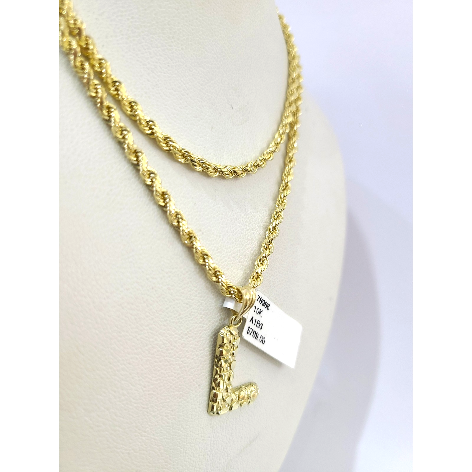 Real 10k Rope Chain Necklace 3mm 18"-28" Nugget L Initial Charm Set Pendant Gold