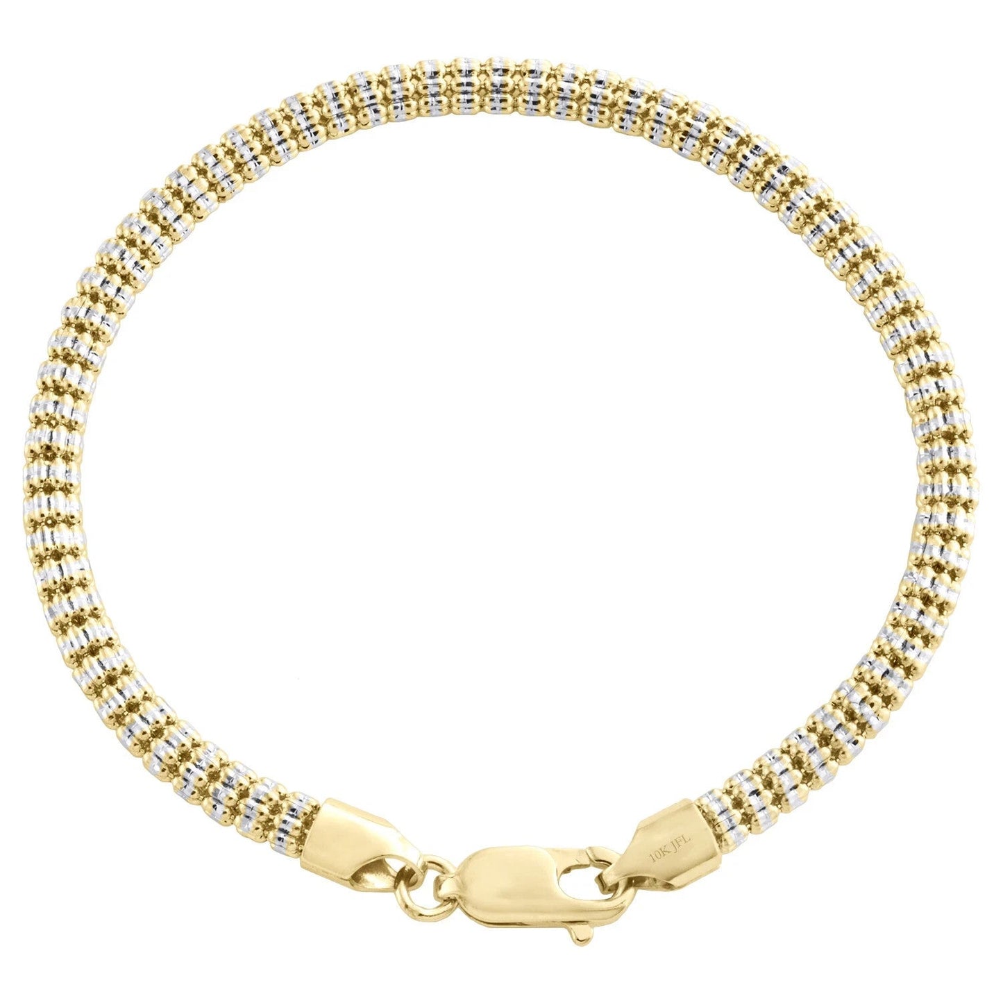 10K Yellow White Gold Two Tone 4mm Diamond Cut Ice Bead Link Bracelet 8 Inches