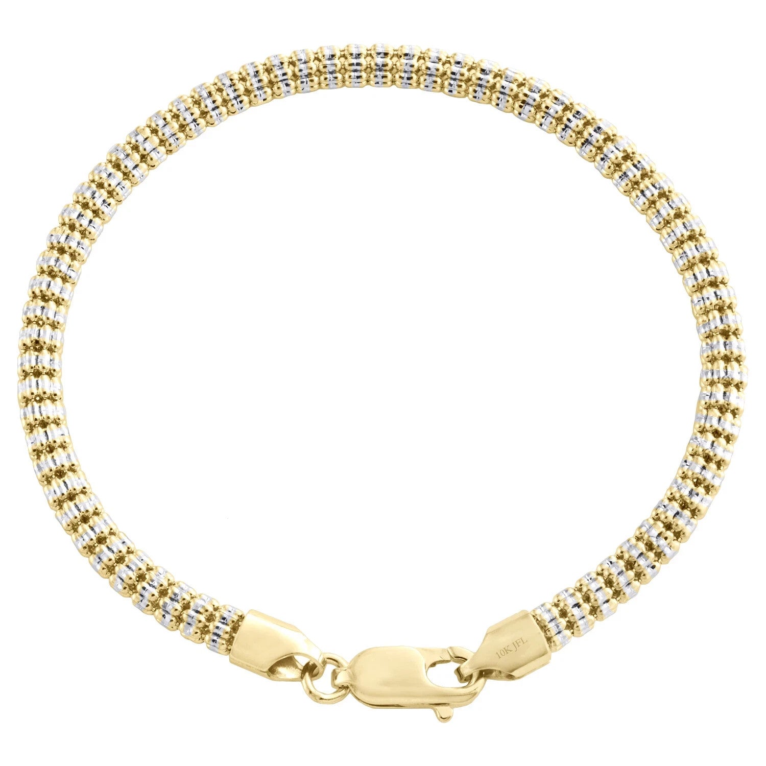 10K Yellow White Gold Two Tone 4mm Diamond Cut Ice Bead Link Bracelet 8 Inches