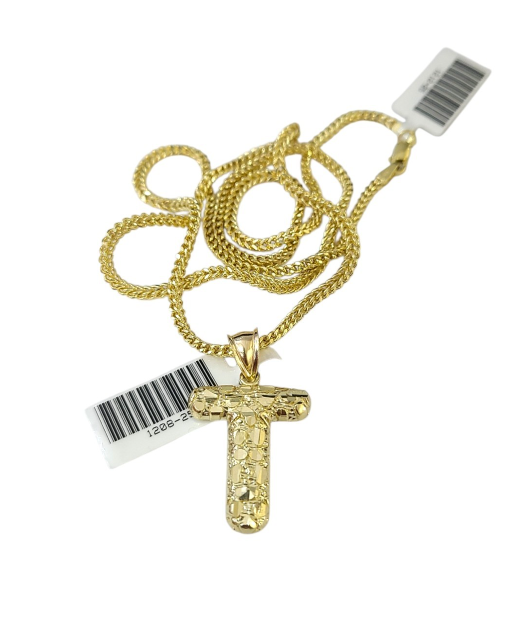 10k Gold Franco Chain Necklace 2.5mm 16"-26" T Nugget Initial Charm Pendant SET