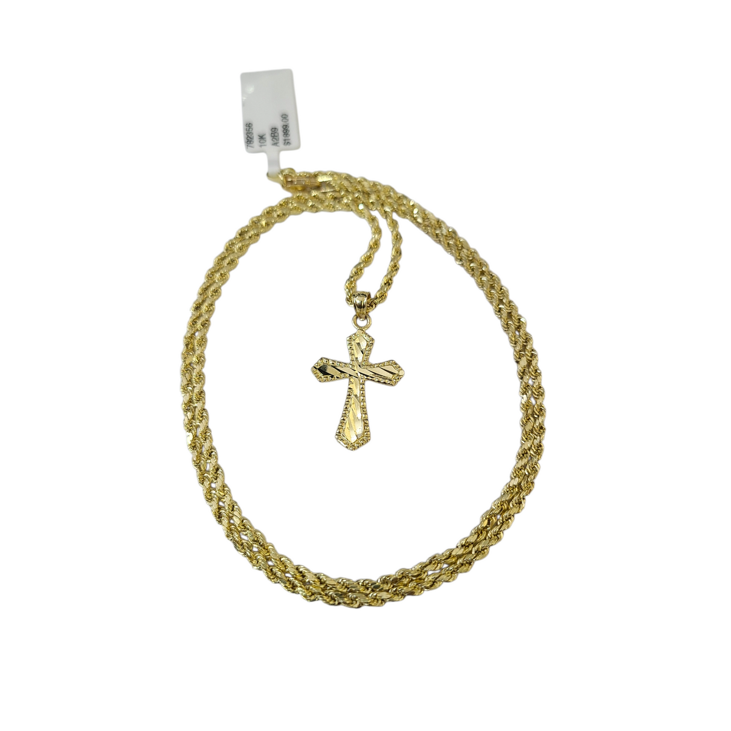 Real Gold 10k Rope Chain Cross Charm Necklace Pendant Set 2mm 16"-26" Gold