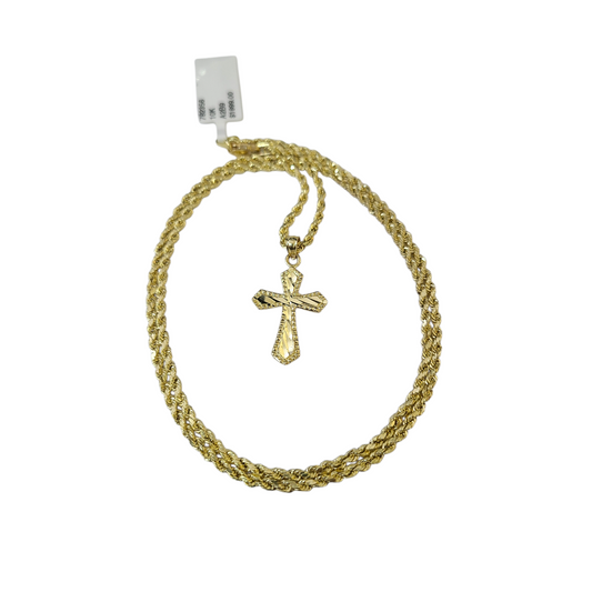 Real Gold 10k Rope Chain Cross Charm Necklace Pendant Set 2mm 16"-26" Gold