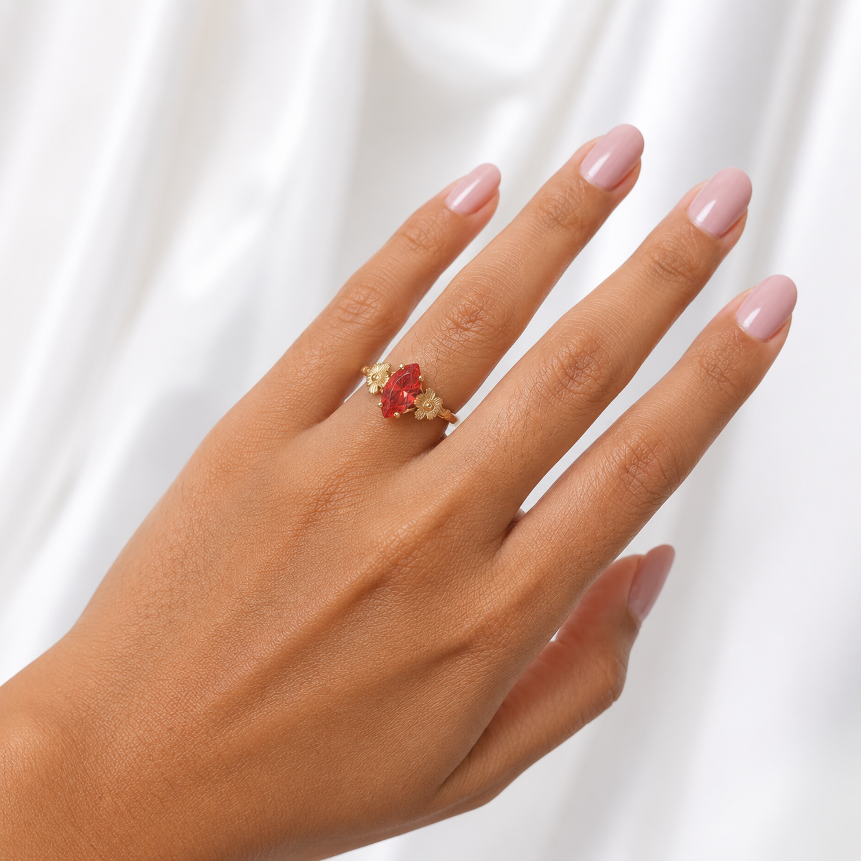 10k Gold Floral Ring Orange Marquise CZ Stone Statement Ladies Statement