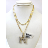 10k Gold Chain Necklace M Diamond Initial Pendant Set Cuban Curb 3mm 20"-30"