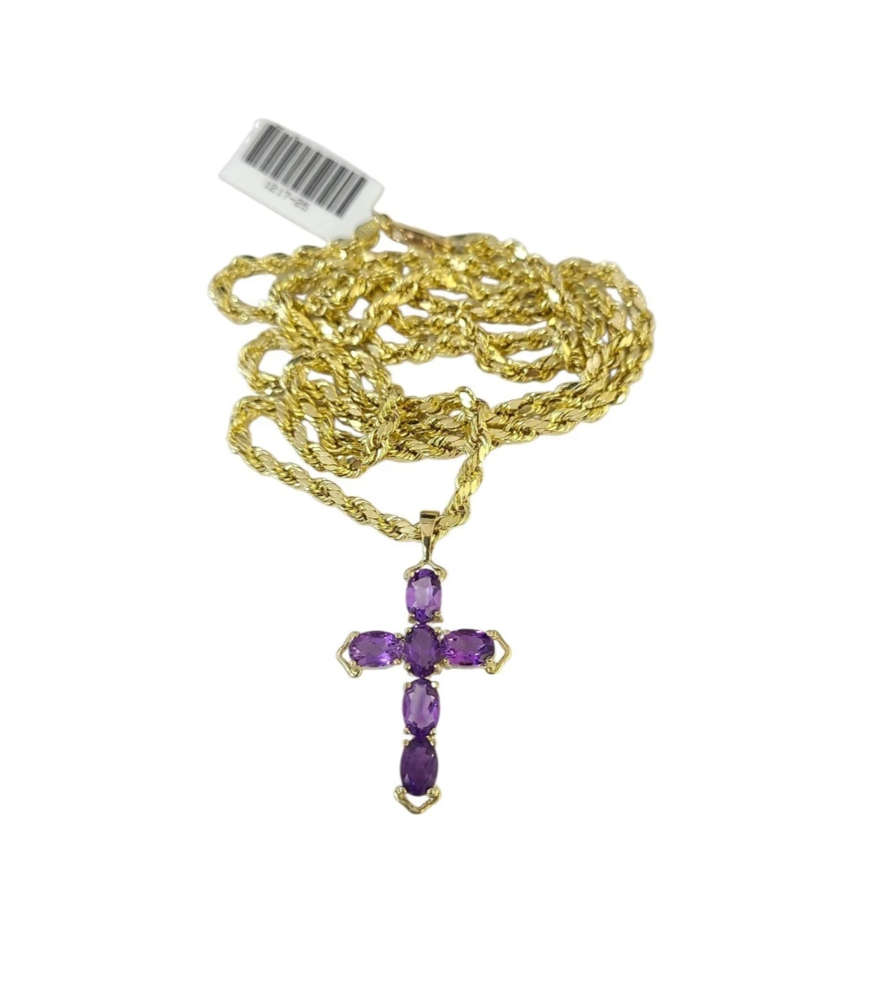 10K Yellow Gold 3mm Rope Chain Purple CZ Cross Pendant Necklace Set 18"-28"