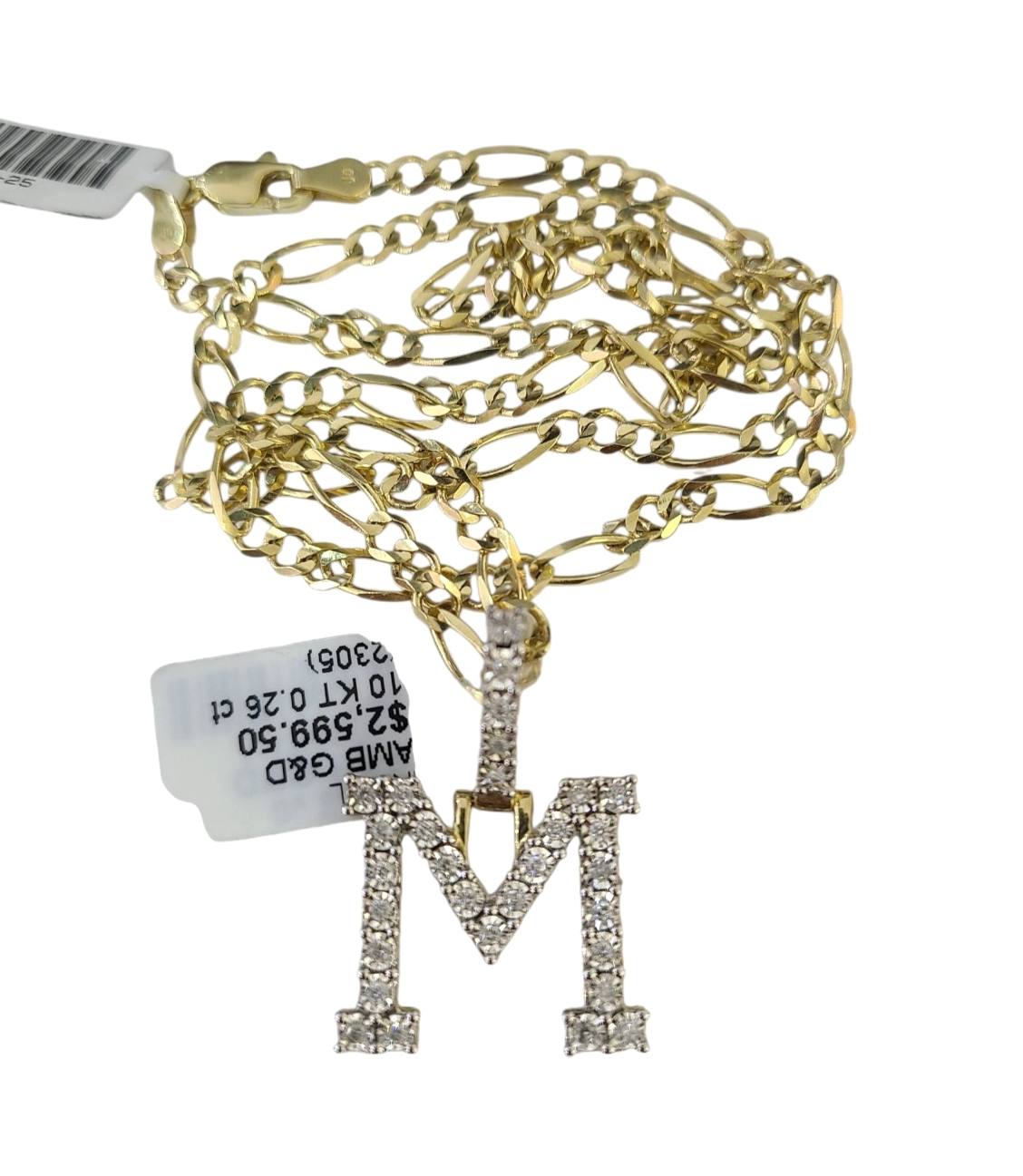 10k Gold Figaro Chain M Diamond Initial Pendant 3mm 20-28 inch SET Necklace