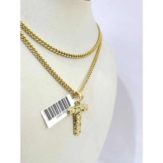 Real Gold 10k Chain Miami Cuban Link Necklace 2.5mm T Initial Charm Pendant SET