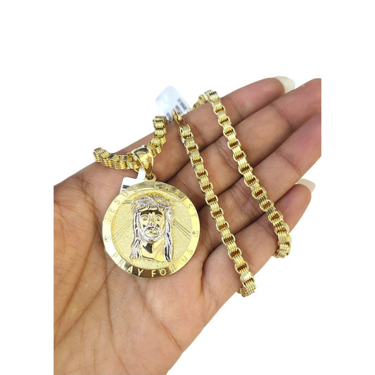 10K Gold Byzantine Chain Jesus Christ 20"-28" 4mm Pendant Charm Necklace SET