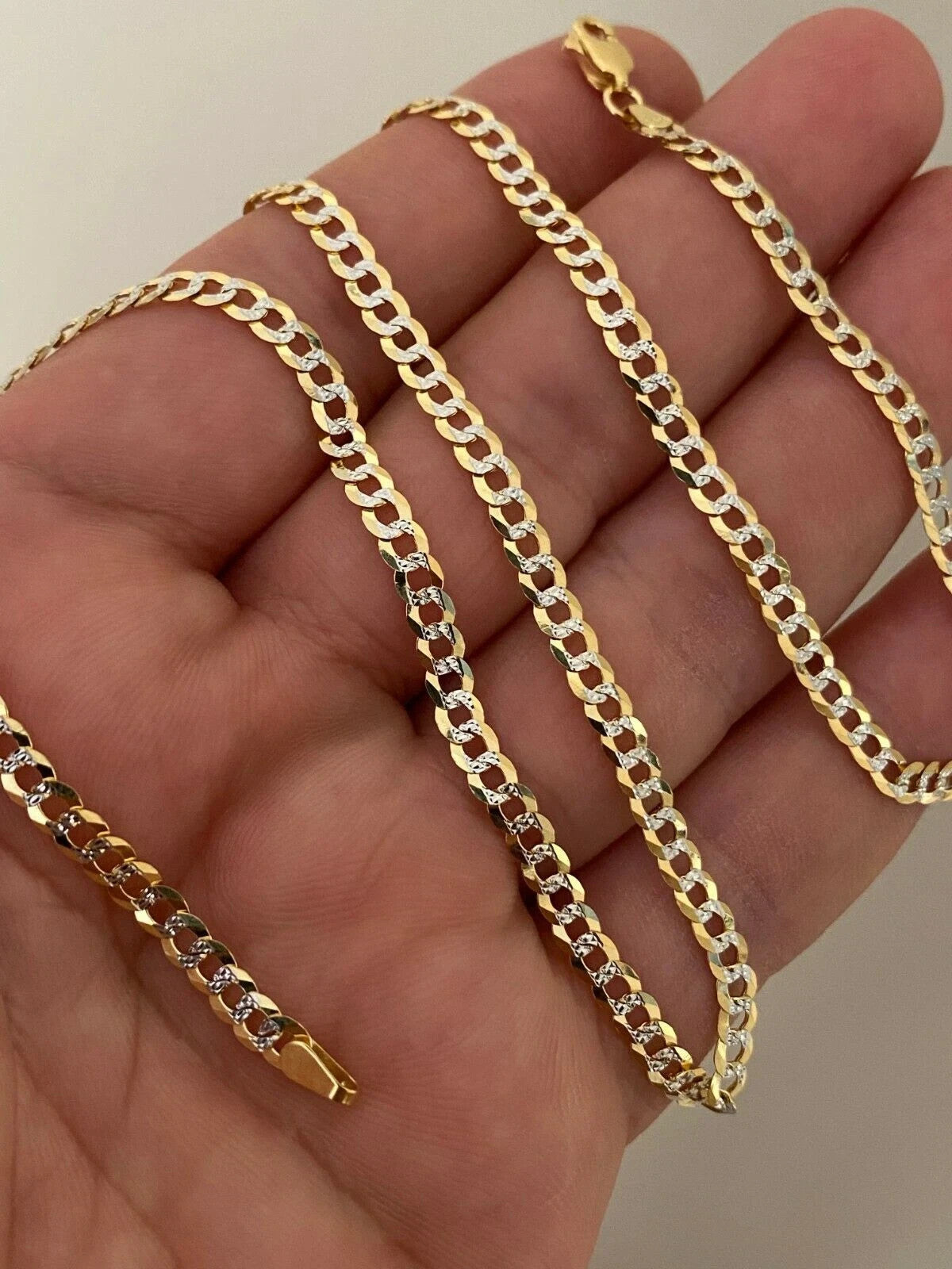 Solid 14k Diamond Cut Two Tone Gold Curb Cuban Link Chain 22" 4mm Necklace