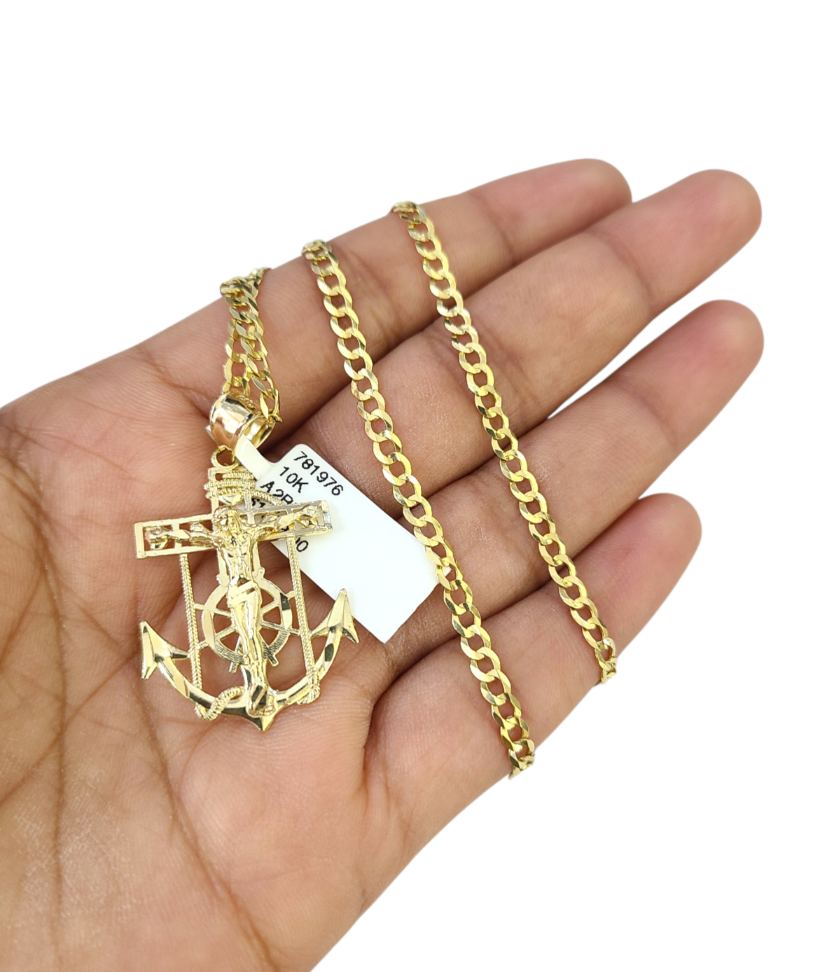 10k Gold Cuban Curb 3mm Chain Necklace Anchor Crucifix Charm Pendant 18"-28"
