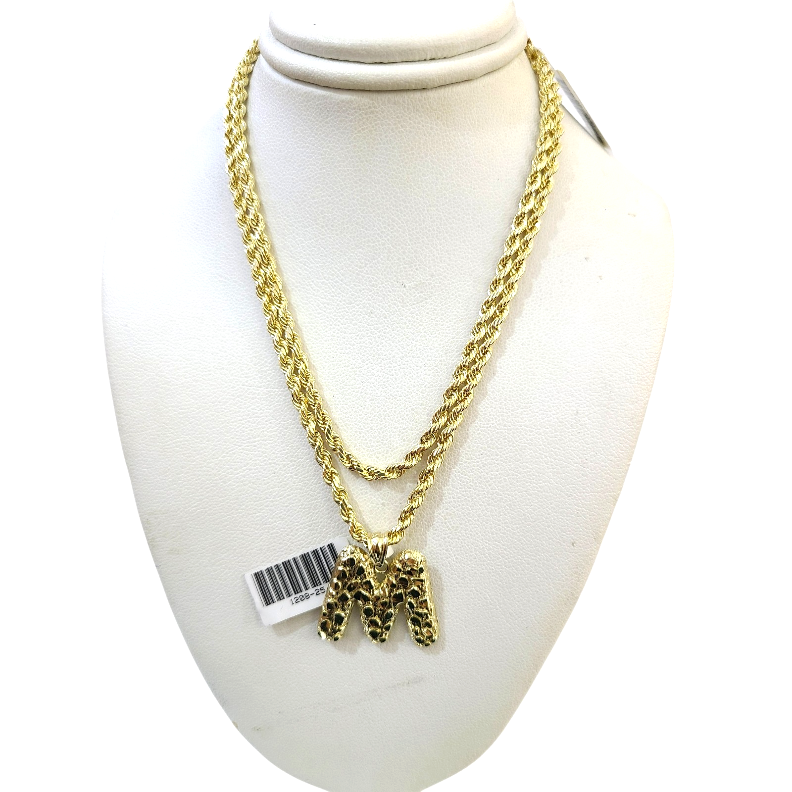 Real 10k Rope Chain M Initial Charm Necklace 3mm 18"-28" Nugget Set Pendant Gold