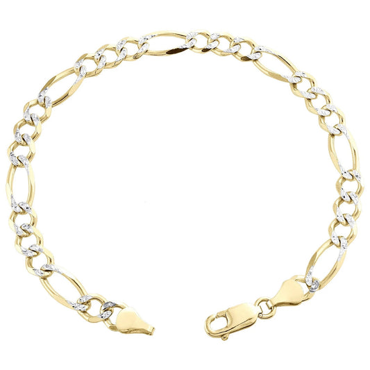 Mens Real 10k Yellow Gold Figaro Link Bracelet Diamond Cut 6.5 mm Solid 8 Inch