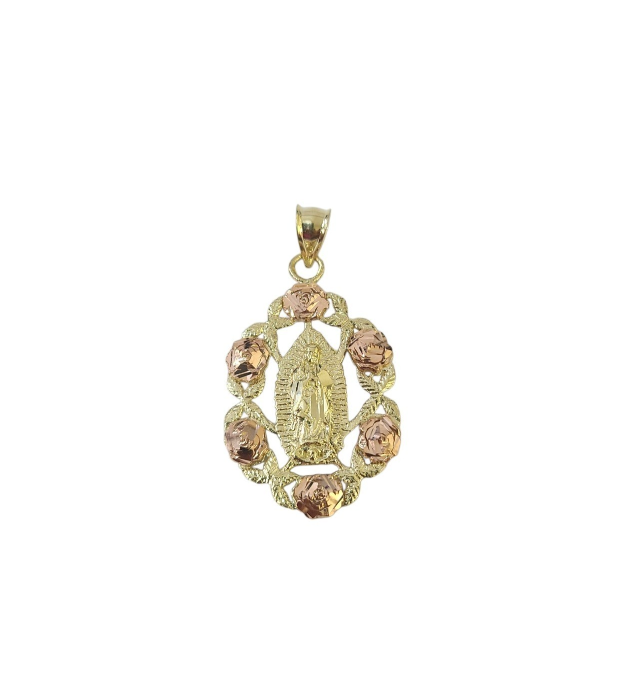 Real 10K Virgin Mary Pendent Charm Two Tone Pink Yellow Gold Holy Mother