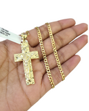 10k Gold Chain Cuban Curb 3mm Necklace Nugget Cross Charm Pendant Set 18"-28"