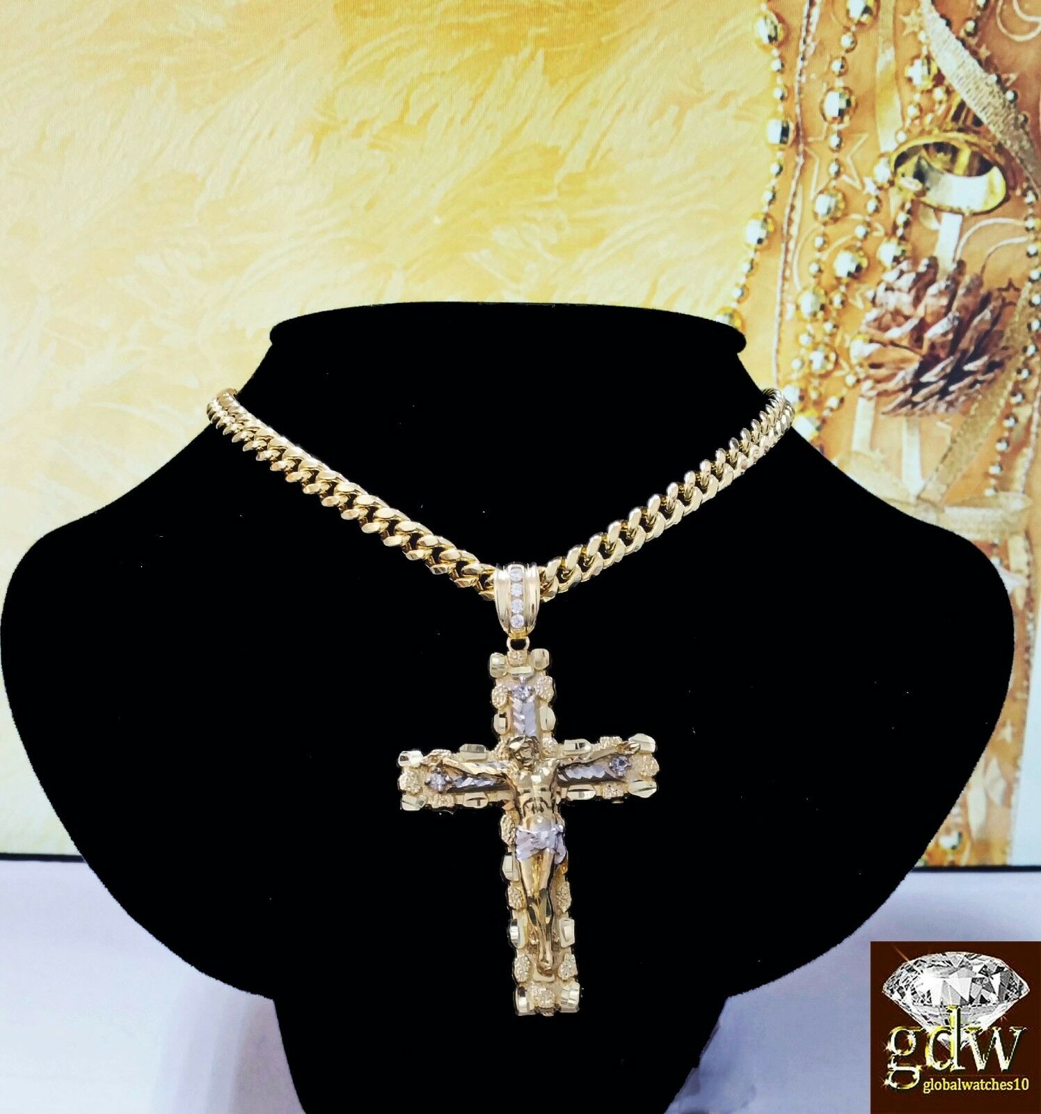 Real 10k Yellow Gold Jesus Cross Pendant 10k 22Inch 8mm Cuban Chain Box Lock