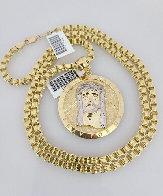 Real 10k Gold Byzantine Necklace Jesus Christ Charm SET Chain 20"-30" 4mm