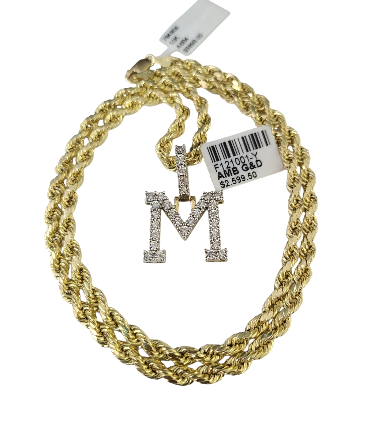 10k Rope Chain M Diamond Initial Charm Necklace Pendant Set 4mm 20"-30" Gold