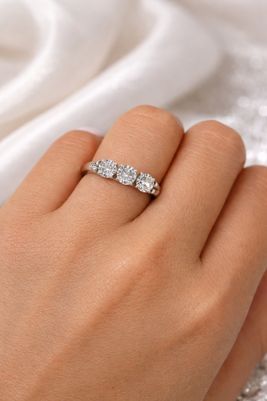 REAL 10k White Gold Diamond Ring Lab Created 3 Stone Wedding Band Women