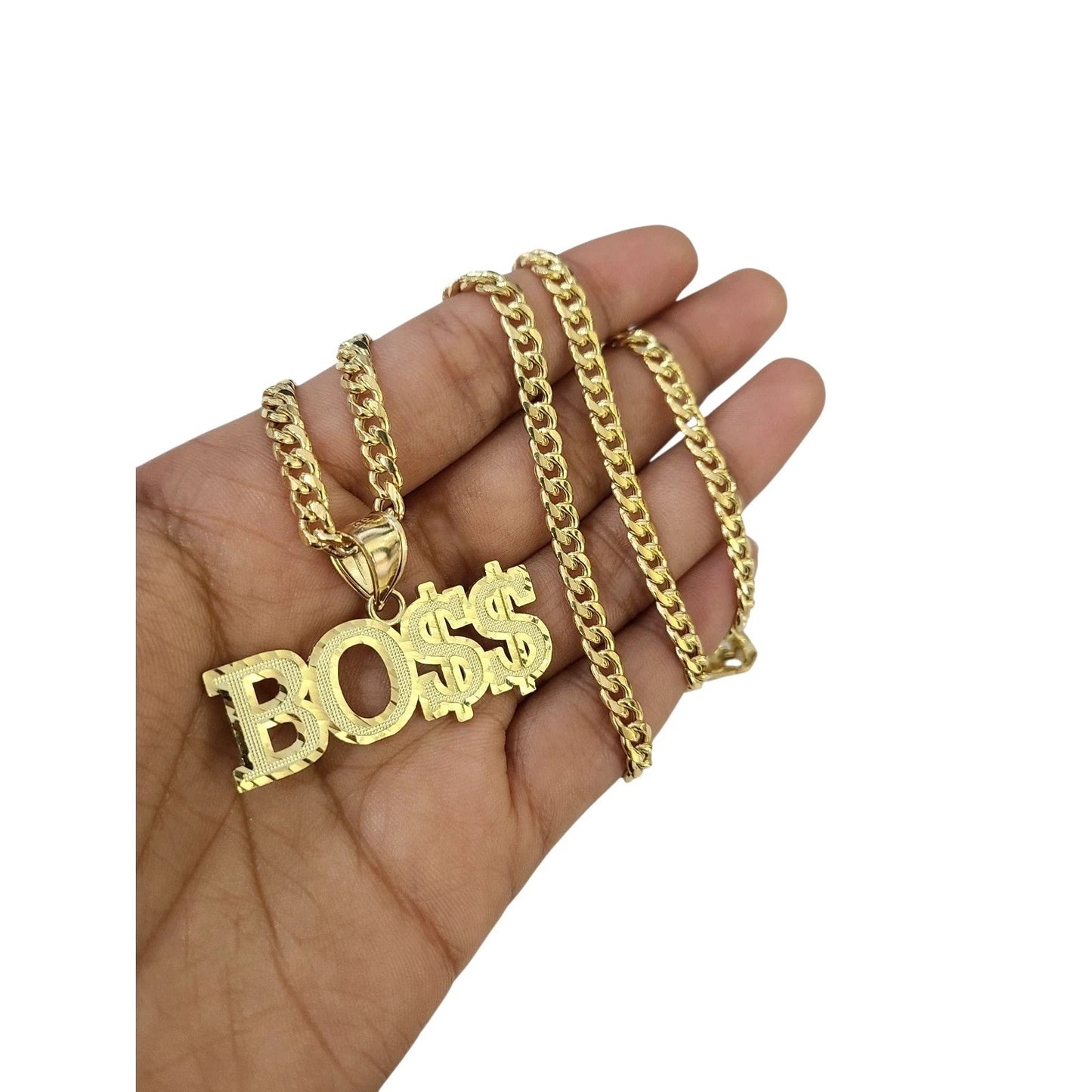 10K Yellow Gold Miami Cuban Link Chain Set Bo$$ Charm Pendant 4.5mm 18-28"