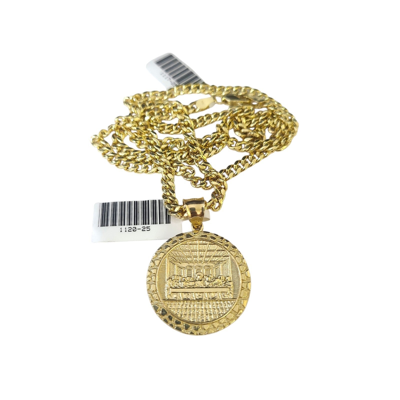 10K Gold Miami Cuban Chain Nugget Last Supper 20"-28" 3mm Pendant Necklace SET