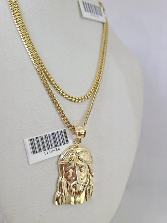 10k Gold Solid Miami Cuban Chain Necklace Jesus Head Pendant 2.5mm 18-24" Set