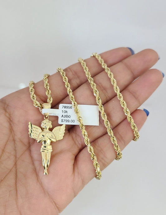 10k Solid Rope Chain Praying Angel Charm Pendant 3mm Set 18"-26" in Necklace