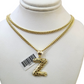 Real Gold 10k Miami Cuban Link Necklace 2.5mm Chain Z Initial Charm Pendant SET