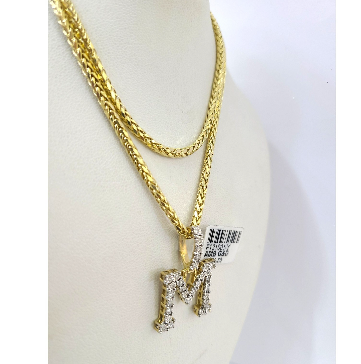 REAL 10k Yellow Gold Palm Chain M Diamond Initial Pendant Charm 3mm SET Necklace