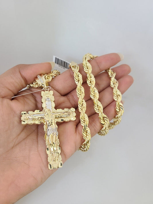 10kt Gold Solid Rope Chain Nugget Cross Charm Set 18"-30'' Inch 7mm Pendant