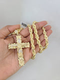 10kt Gold Solid Rope Chain Nugget Cross Charm Set 18"-30'' Inch 7mm Pendant