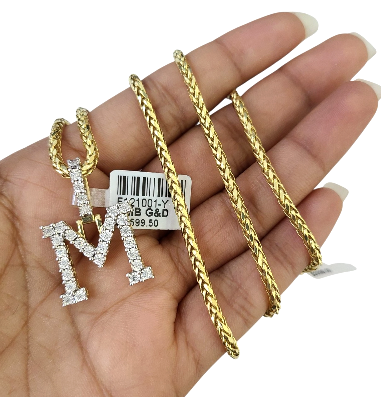 REAL 10k Yellow Gold Palm Chain M Diamond Initial Pendant Charm 3mm SET Necklace