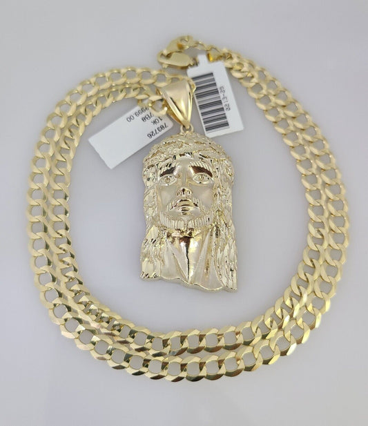 10k Gold Solid Cuban Curb Chain Necklace Jesus Head Pendant Set 6mm 20"-30"