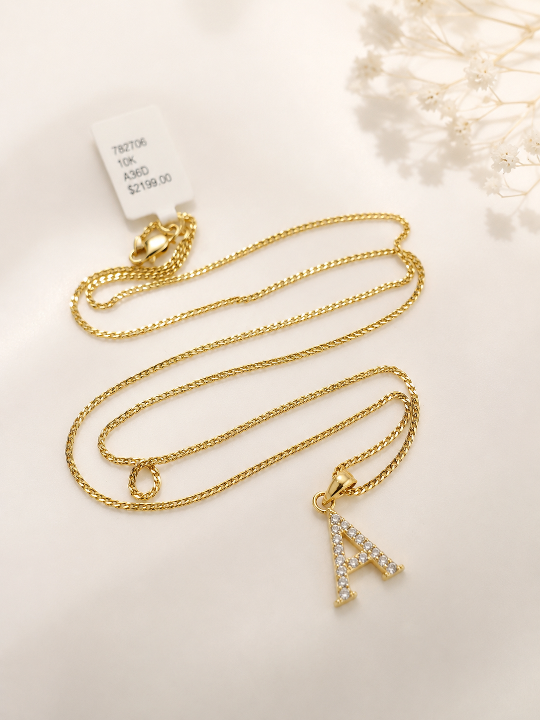 10K Gold Solid Franco Chain A Initial CZ Stone Pendant Set 1mm 16 18 20 22 Women
