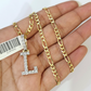 10k Gold Figaro Chain L Diamond Initial Pendant 3mm 20-28 inch SET Necklace