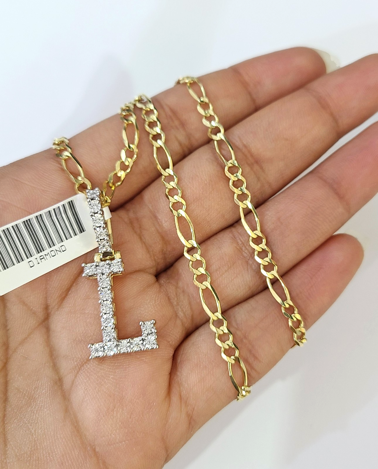 10k Gold Figaro Chain L Diamond Initial Pendant 3mm 20-28 inch SET Necklace