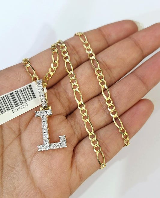 10k Gold Figaro Chain L Diamond Initial Pendant 3mm 20-28 inch SET Necklace