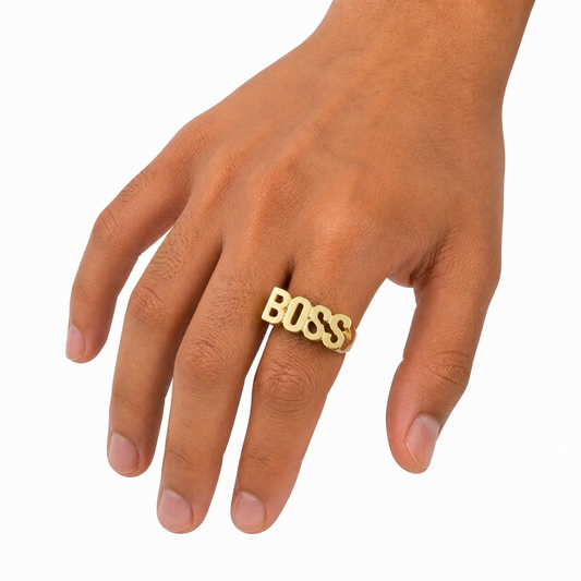 Real 10K Yellow Gold Mens BOSS Ring Letter Bold Statement Pinky Style