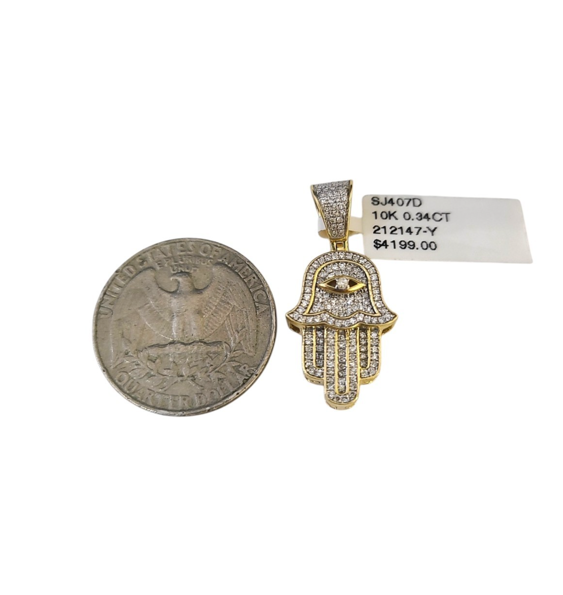 Real 10k Yellow Gold Hamsa Hand Diamond Charm Pendant 1.25'' inch Genuine 10kt